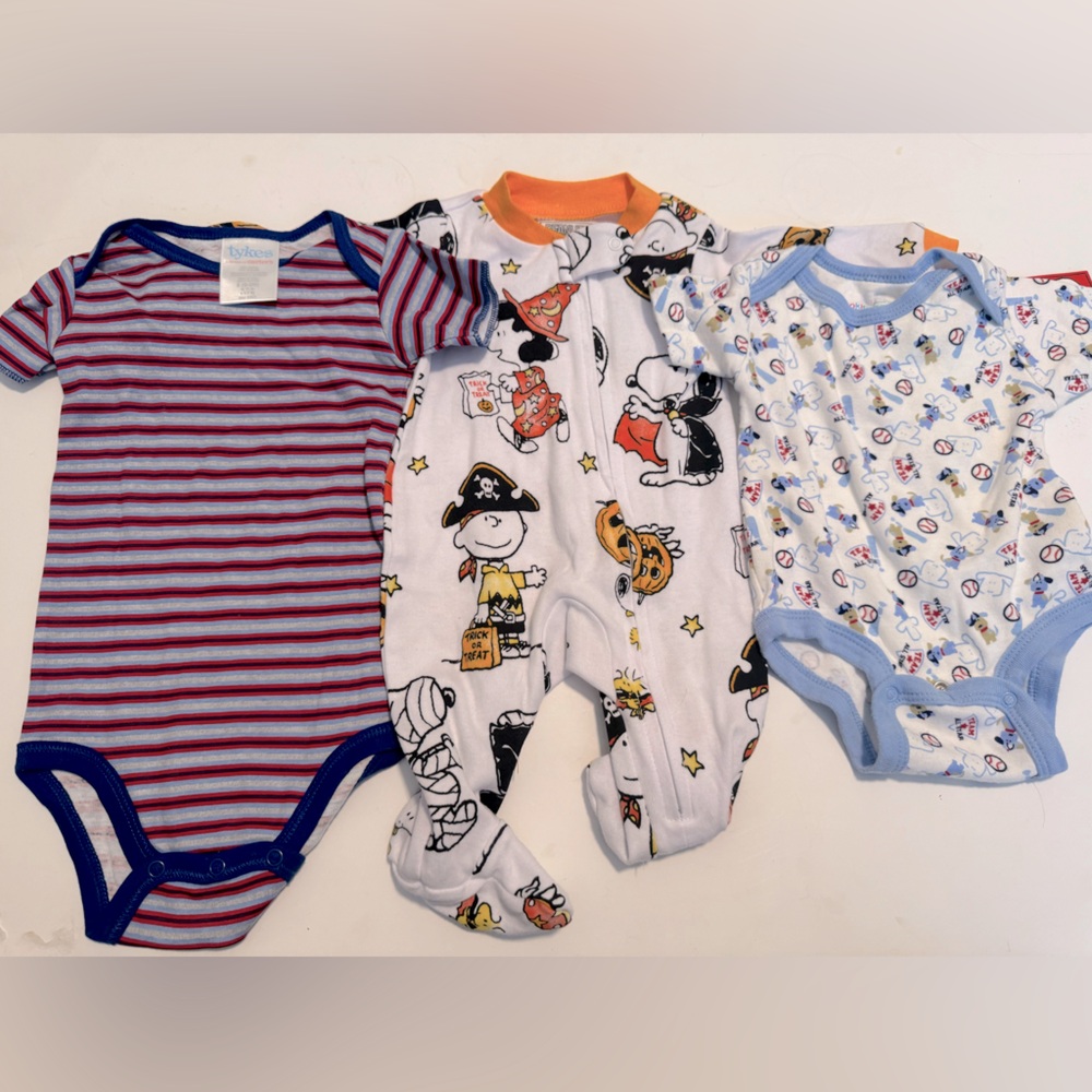 NWT Newborn Snoopy Sleeper, 2 NWOT Tykes Rompers, Baseball & Stripes, 0-3 Months